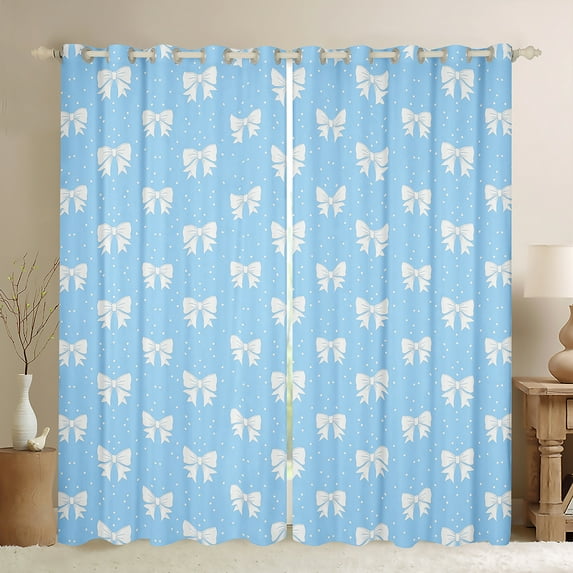 Manfei Lovely Bowtie Blackout Curtains Set of 2 (38x54 Each),Girl Bow Knot Curtains and Drapes,Blue White Polka Dots Living Room Curtains For Girls,Microfiber Bedroom Decor