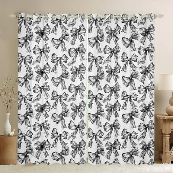 Manfei Lovely Bowtie Curtains and Drapes,Girl Bow Knot Black Out Curtains,White Black Curtains Pack of 2 (52x63 Each) For Girls,Microfiber Bedroom Decor