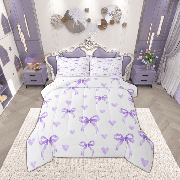 Manfei Lovely Bowtie Full Size Comforter Sets,Purple Heart Print Bedding Comforter Set,Ribbon Bow Knot Bedding Sets For Girls,Microfiber Bedroom Decor Reversible,3pcs