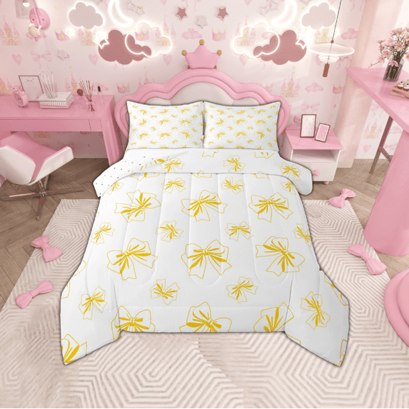 Manfei Lovely Bowtie Full Size Comforter Sets,Yellow White Bedding Comforter Set,Ribbon Bow Knot Bedding Sets For Girls,Microfiber Bedroom Decor Reversible,3-Piece