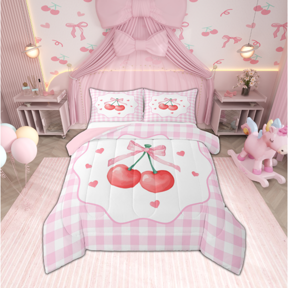 Manfei Lovely Bowtie Queen Comforter Set,Pink Cherry Bedding Sets,Ribbon Bow Knot Bedding Comforter Set For Girls,Microfiber Bedroom Decor Reversible,3pcs