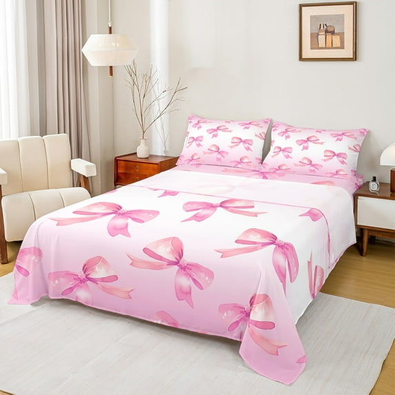 Manfei Lovely Bowtie Queen Sheet Sets,Girl Bow Knot Flat Sheet,Pink White Ombre Queen Fitted Sheet For Girls,Microfiber Bedroom Decor,4-Piece