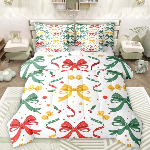 Manfei Lovely Bowtie Ribbon 7-Piece Twin Bedding Sets,Colorful Bow Knot Bedding Comforter Set,Christmas Flower Sheet Sets For Teens,Ultra Soft Home Decor Reversible
