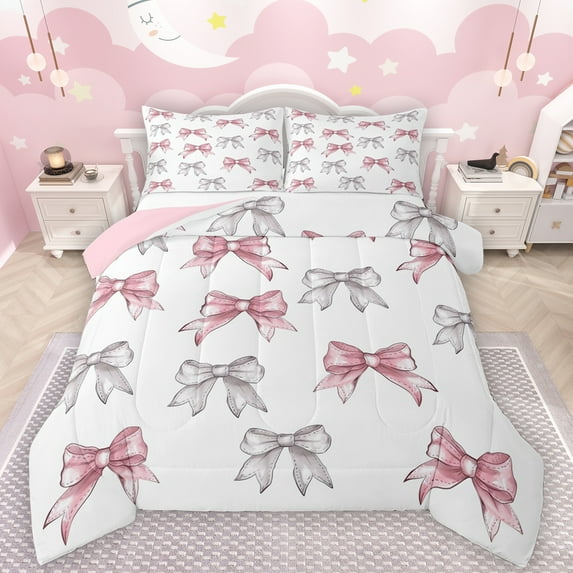 Manfei Lovely Bowtie Ribbon Queen Comforter Set,Cute Bow Pattern Bedding Sets,White Silver Pink Bedding Comforter Set For Teens,Ultra Soft Home Decor Reversible,3 Pieces