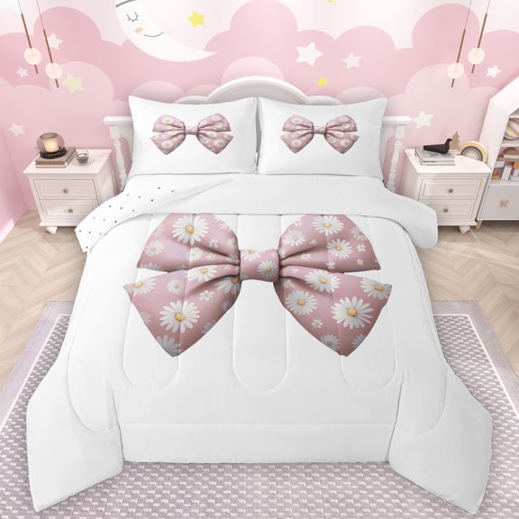 Manfei Lovely Bowtie Ribbon Queen Comforter Set,Cute Flower Pattern Bedding Sets,Pink White Bedding Comforter Set For Teens,Ultra Soft Home Decor Reversible,3-Piece