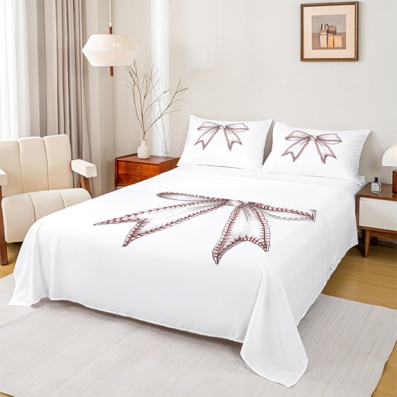 Manfei Lovely Bowtie Ribbon Queen Sheet Sets,Baseball Print Flat Sheet,White Red Queen Fitted Sheet For Teens,Ultra Soft Home Decor,4-Piece