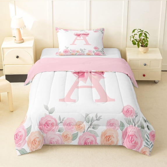 Manfei Lovely Bowtie Twin Comforter Sets,Kawaii Letter A Bedding Set,Pink,Pink Reversible,2-Piece,1 Comforter and 1 Pillowcase