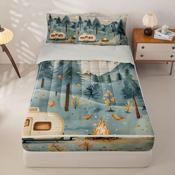 Manfei Lovely Camper Zipper Twin Comforter Sets with Fitted Sheet and 2 Pillowcases,Green Pine Trees Pattern Zipper Bedding Set,Light Gray Reversible,4pcs