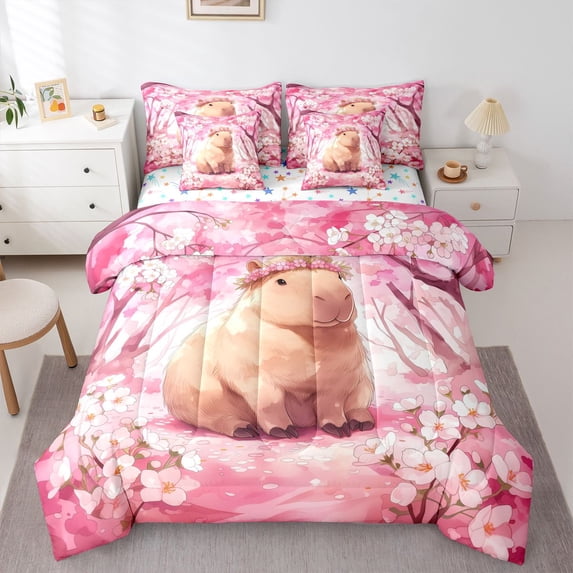 Manfei Lovely Capybara 7 Pieces Full Size Bedding Sets,Sweet Cherry Blossoms Full Size Bed in a Bag,Pink,Colorful Stars Reversible