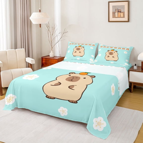 Manfei Lovely Capybara Bed Sheets,Kawaii Alphabet Print Full Size Sheets,Light Blue,4pcs,1 Flat Sheet, 1 Fitted Sheet and 2 Pillowcases