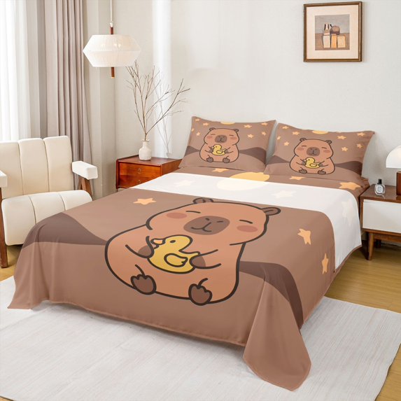 Manfei Lovely Capybara Bed Sheets,Kawaii Stars Full Size Sheets,Brown,4 Pieces,1 Flat Sheet, 1 Fitted Sheet and 2 Pillowcases