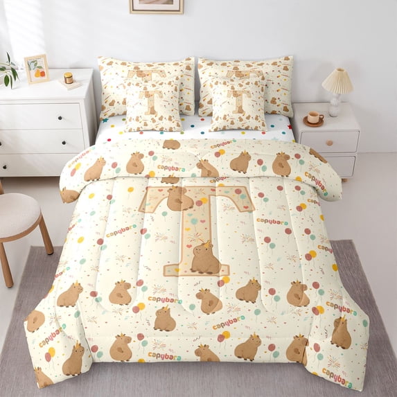 Manfei Lovely Capybara Pattern 7 Pieces Full Size Bedding Sets,Cartoon Initial T Full Size Bed in a Bag,Yellow,Polkadot Reversible