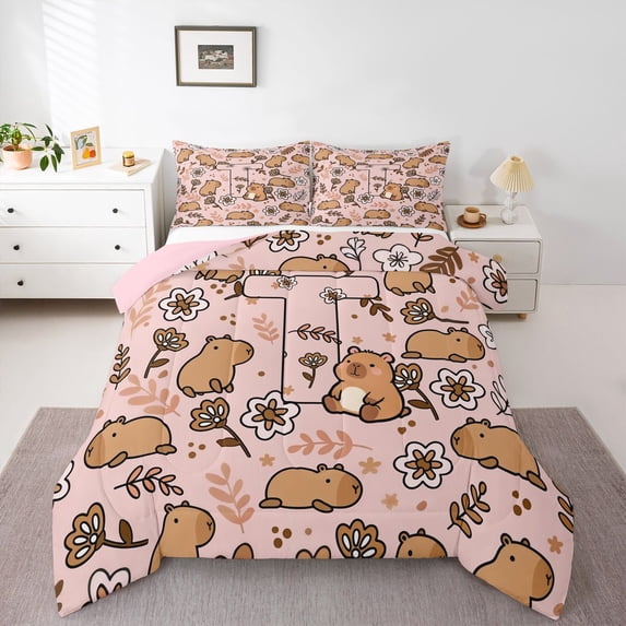 Manfei Lovely Capybara Queen Comforter Set,Cartoon Initial T Comforter Sets Queen,Pink,Pink Reversible,3 Pieces,1 Comforter and 2 Pillowcases