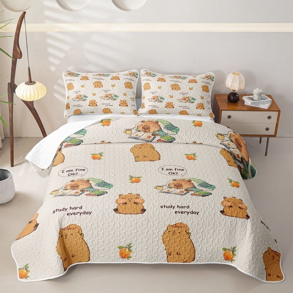 Manfei Lovely Capybara Quilt Full,Cute Orange Full Bedspread Sets,Brown,3 Pieces