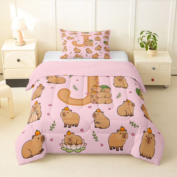 Manfei Lovely Capybara Twin Comforter Sets,Kawaii Monogram J Bedding Set,Pink Brown,Pink Reversible,2pcs,1 Comforter and 1 Pillowcase