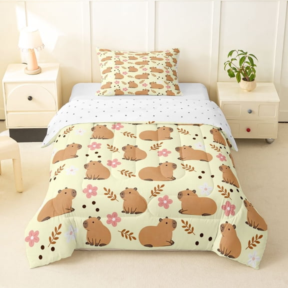 Manfei Lovely Capybara Twin Comforter Sets,Pretty Floral Bedding Set,Yellow,Reversible,2 Pieces,1 Comforter and 1 Pillowcase