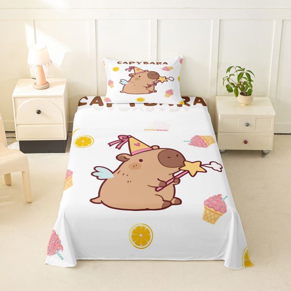 Manfei Lovely Capybara Twin Sheets,Cute Alphabet Print Bedding,White,3pcs,1 Fitted Sheet and 1 Pillowcase