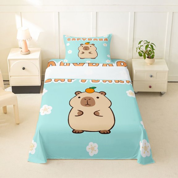 Manfei Lovely Capybara Twin Sheets,Kawaii Alphabet Print Bedding,Light Blue,3 Pieces,1 Fitted Sheet and 1 Pillowcase