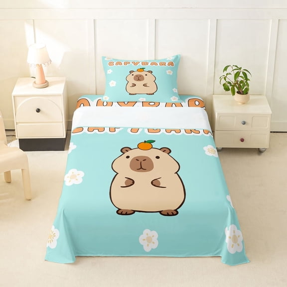 Manfei Lovely Capybara Twin Sheets,Kawaii Alphabet Print Bedding,Light Blue,3 Pieces,1 Fitted Sheet and 1 Pillowcase
