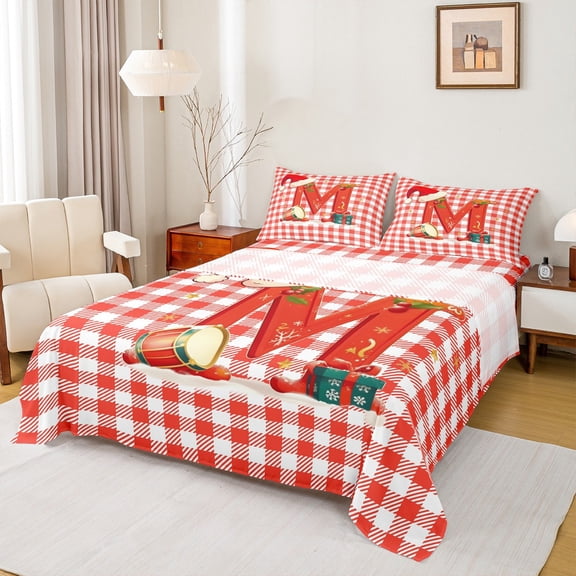 Manfei Lovely Cartoon Penguin Full Size Sheets,Chic Christmas Tree Bed Sheets,First Letter M Sheet Sets For Girls,Super Cozy Room Decor,4 Pieces