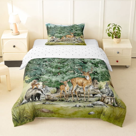 Manfei Lovely Deer Twin Comforter Sets,Kawaii Rabbit Bedding Set,Green,Reversible,2-Piece,1 Comforter and 1 Pillowcase