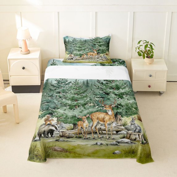 Manfei Lovely Deer Twin Sheets,Kawaii Rabbit Bedding,Green,3-Piece,1 Fitted Sheet and 1 Pillowcase