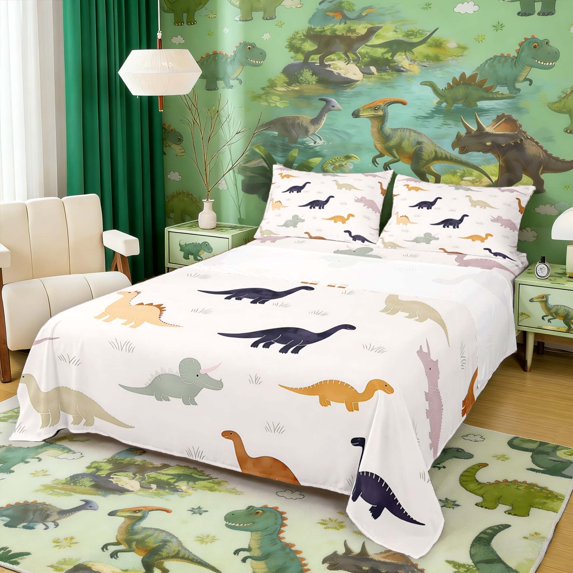 Manfei Lovely Dinosaur Animals King Sheets,Kawaii Wildlife Bedding,Cream,4-Piece,1 Flat Sheet,1 Fitted Sheet and 2 Pillowcases