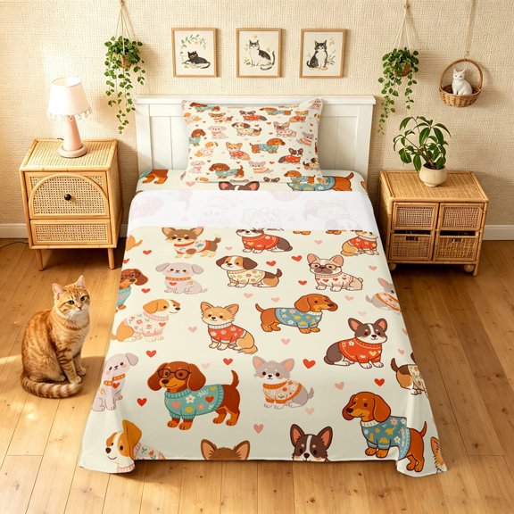 Manfei Lovely Dog Twin Sheets, Kawaii Cartoon Pet Bedding, Cream, 3 Pieces, 1 Flat Sheet, 1 Fitted Sheet and 1 Pillowcase