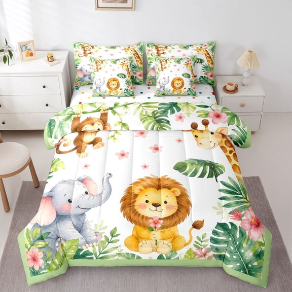 Manfei Lovely Elephant 7-Piece Twin Bedding,Cute Giraffe Bedding Comforter Set,Green,Polkadot Reversible