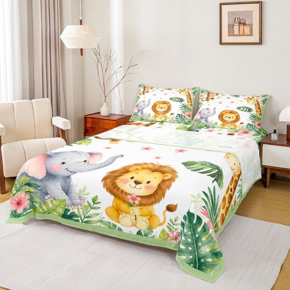 Manfei Lovely Elephant Bed Sheets,Cute Giraffe Full Size Sheets,Green,4pcs,1 Flat Sheet, 1 Fitted Sheet and 2 Pillowcases