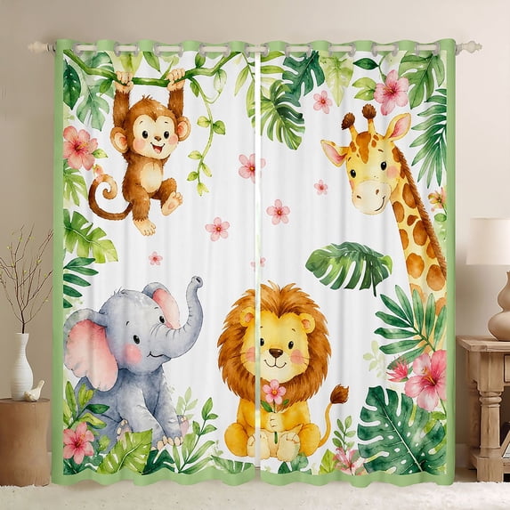 Manfei Lovely Elephant Blackout Curtains Set of 2 (52x84 Each),Cute Giraffe Curtain,Green