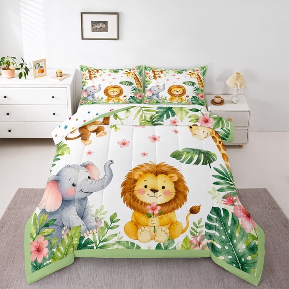 Manfei Lovely Elephant Queen Comforter Set,Cute Giraffe Comforter Sets Queen,Green,Polkadot Reversible,3-Piece,1 Comforter and 2 Pillowcases