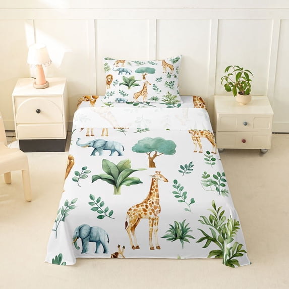 Manfei Lovely Elephant Twin Sheets,Safari Animal Print Bedding,White,3pcs,1 Fitted Sheet and 1 Pillowcase