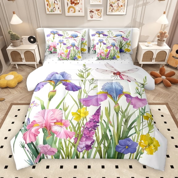 Manfei Lovely Flower Flowral 7-Piece Twin Bedding Sets,Rustic Cute Dragonfly Bedding Comforter Set,Green White Sheet Sets For Children,Microfiber Bedroom Decor Reversible