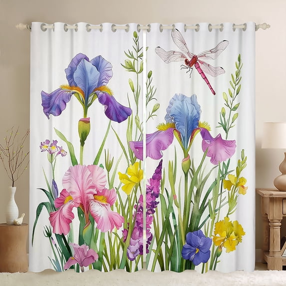 Manfei Lovely Flower Flowral Curtains Pack of 2 (42x84 Each),Rustic Cute Dragonfly Curtains Blackout,Green White Bedroom Curtains For Children,Microfiber Bedroom Decor