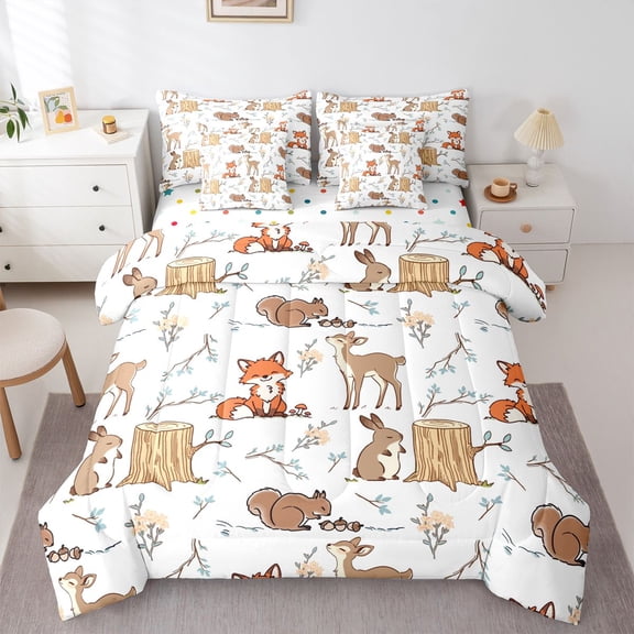 Manfei Lovely Fox 7-Piece Twin Bedding,Wildlife Pattern Bedding Comforter Set,White,Polkadot Reversible