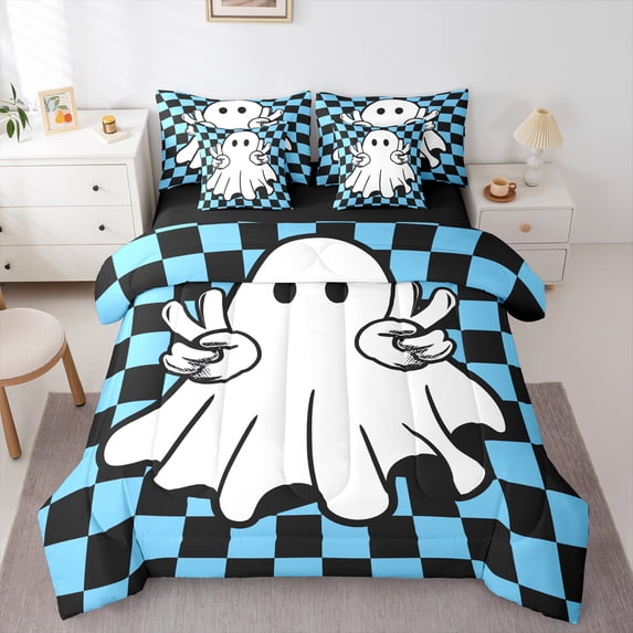 Manfei Lovely Ghost 7 Pieces Bedding Comforter Set,Halloween Theme Full Bedding Set,Blue Black Checkerboard Fitted Sheet Flat Sheet For Girls Boys,Super Cozy Room Decor Reversible