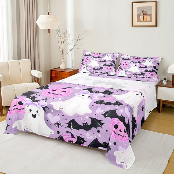 Manfei Lovely Ghost Full Size Sheets,Halloween Theme Bed Sheets,Purple Pumpkin Lantern Sheet Sets For Girls Boys,Super Cozy Room Decor,4 Pieces