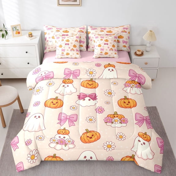 Manfei Lovely Ghosts 7 Pieces Full Size Bedding Sets,Happy Halloween Full Size Bed in a Bag,Pink,Pink Reversible