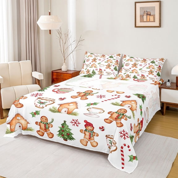 Manfei Lovely Gingerbread House Full Size Sheets,Christmas Floral Tree Bed Sheets,Red Snowflake Candy Cane Sheet Sets For Girl,Super Cozy Room Decor,4-Piece