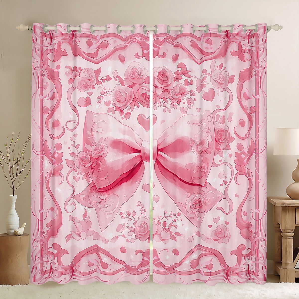 Manfei Lovely Girls Bowknot Blackout Curtains Set of 2 (52x84 Each),Cartoon Bow Tie Window Curtains,Pink Country Floral Curtains and Drapes For Kids,Luxury Bedroom Decor