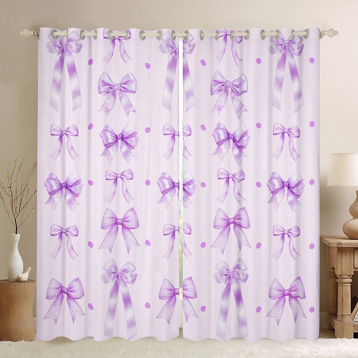 Manfei Lovely Girls Bowknot Blackout Curtains Set of 2 (52x84 Each),Cartoon Bow Tie Window Curtains,Purple Polka Dot Curtains and Drapes For Kids,Luxury Bedroom Decor