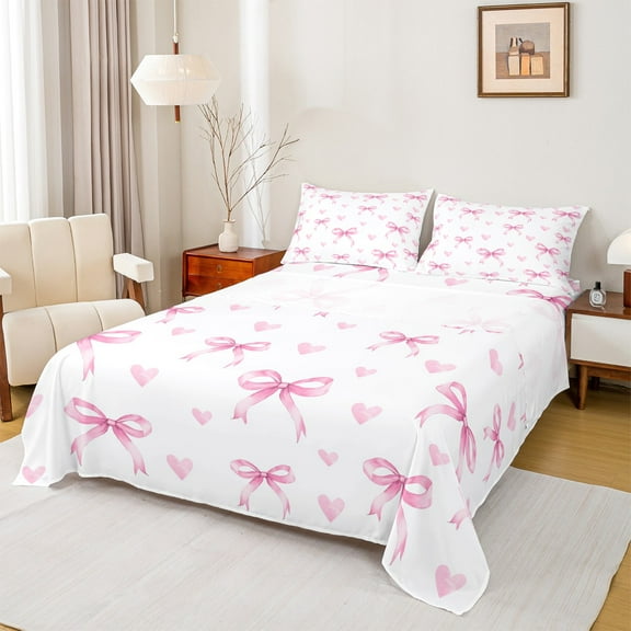 Manfei Lovely Girls Bowknot Twin Sheet Sets,Cartoon Heart Pattern Twin Fitted Sheet,Pink White Flat Sheet For Kids,Luxury Bedroom Decor,3-Piece
