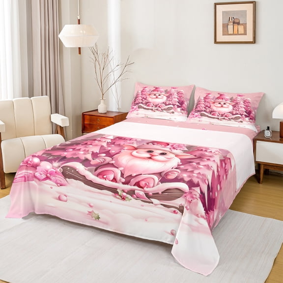 Manfei Lovely Gnome Bed Sheets,Merry Christmas King Sheets,Pink Xmas Tree Sheet Set For Girls,Super Cozy Room Decor,4 Pieces