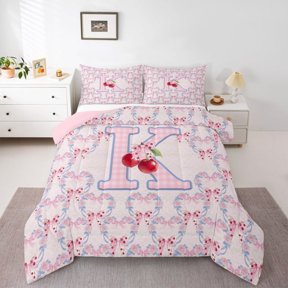 Manfei Lovely Initial K Queen Comforter Set,Princess Bowtie Comforter Sets Queen,Pink,Pink Reversible,3pcs,1 Comforter and 2 Pillowcases