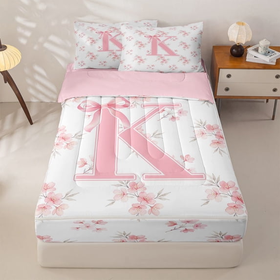 Manfei Lovely Initial K Zipper Full Size Comforter Sets with Fitted Sheet and 2 Pillowcases,Princess Flower Zipper Bedding Set,Pink,Pink Reversible4pcs