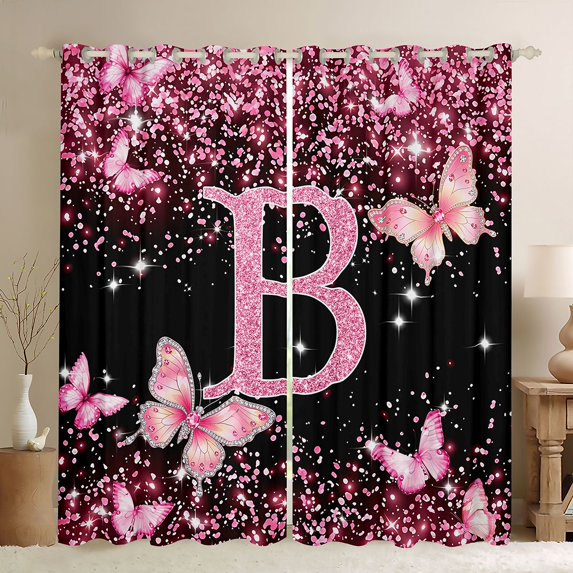 Manfei Lovely Initial Sequin Print B Kitchen Curtains,Pretty Butterfly Black Out Curtains Pack of 2 (42x63 Each),Pink