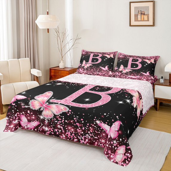 Manfei Lovely Initial Sequin Print B Queen Sheets,Pretty Butterfly Queen Sheet Sets,Pink,4-Piece
