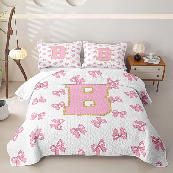 Manfei Lovely Initial Sequin Print B Quilt King,Pretty Bownot King Coverlet Set,Pink,3 Pieces