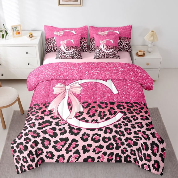 Manfei Lovely Leopard Pattern 7 Pieces Full Size Bedding Sets,Lovely Letter C Full Size Bed in a Bag,Pink,Pink Reversible